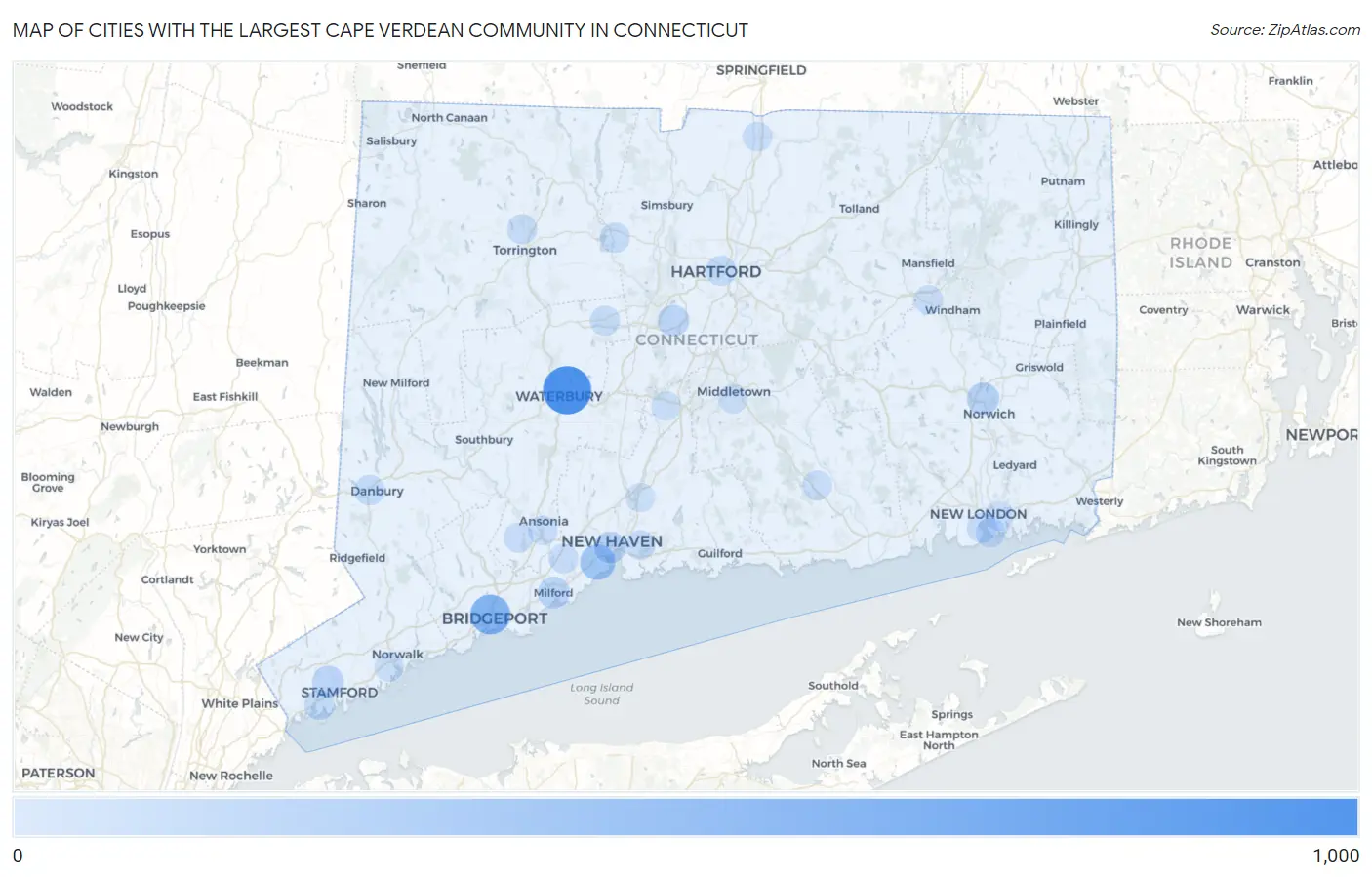 Cities with the Largest Cape Verdean Community in Connecticut Map
