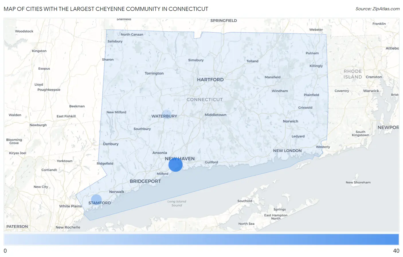 Cities with the Largest Cheyenne Community in Connecticut Map