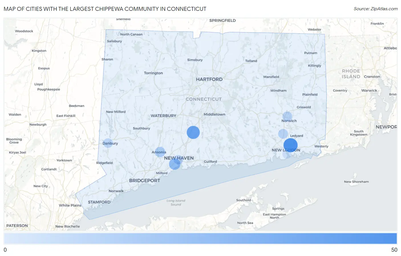 Cities with the Largest Chippewa Community in Connecticut Map
