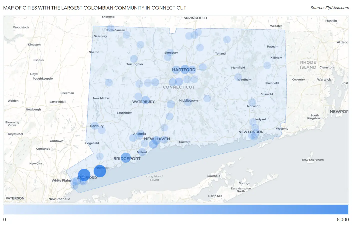 Cities with the Largest Colombian Community in Connecticut Map