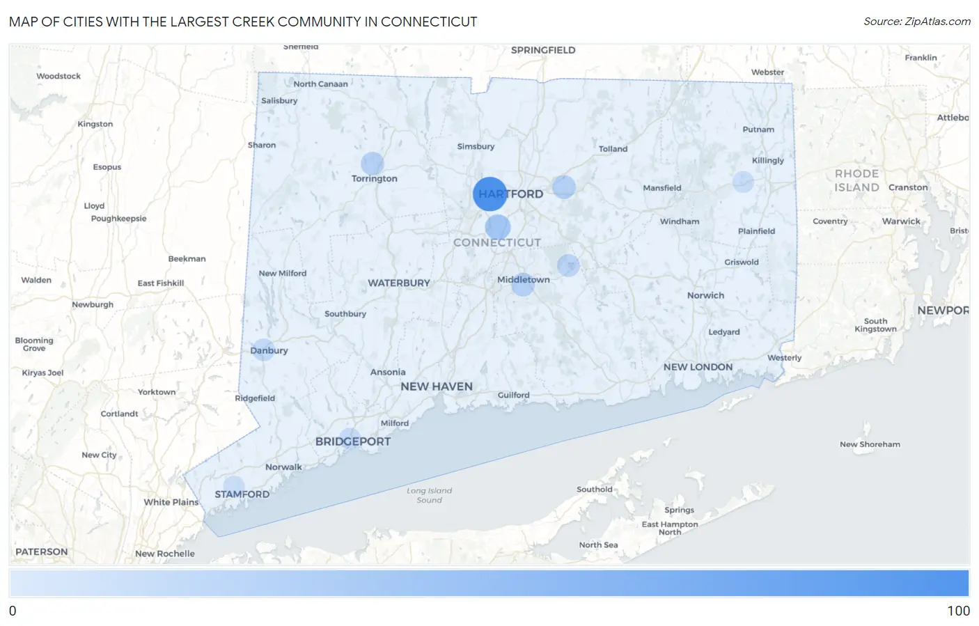 Cities with the Largest Creek Community in Connecticut Map