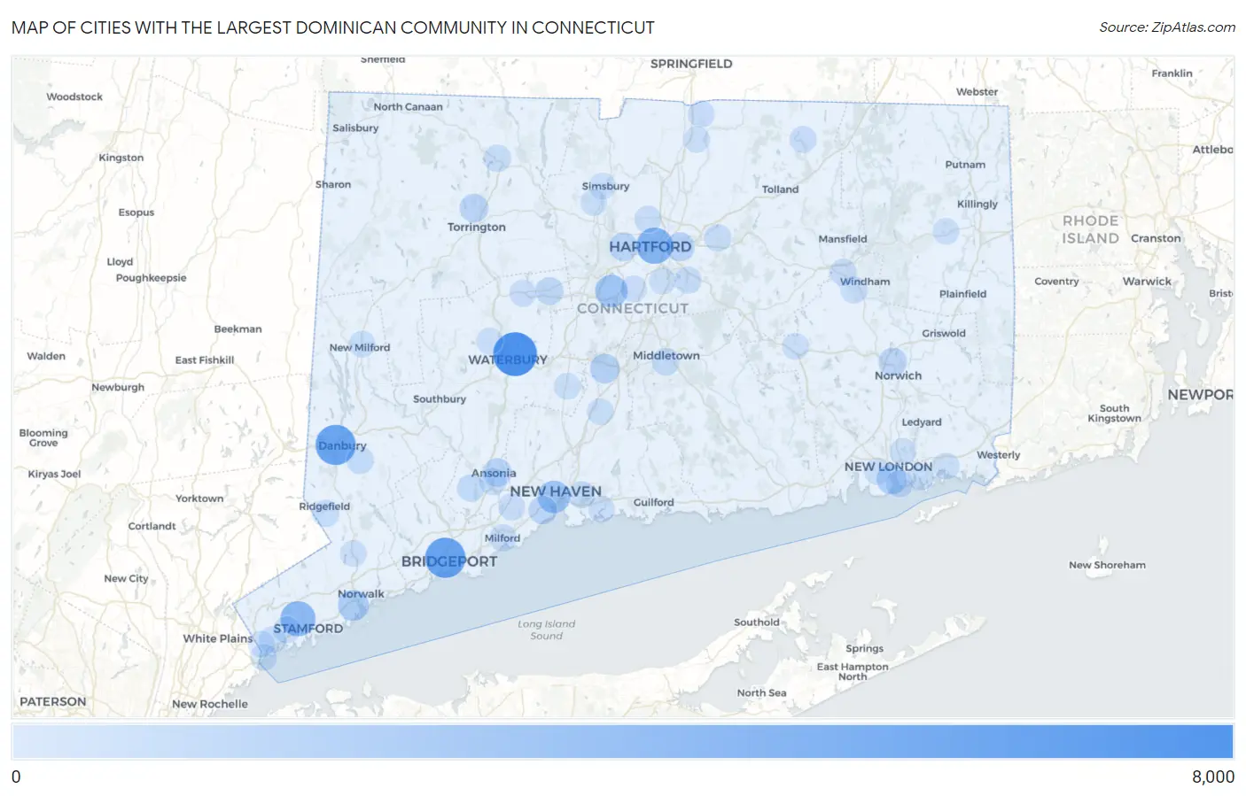 Cities with the Largest Dominican Community in Connecticut Map
