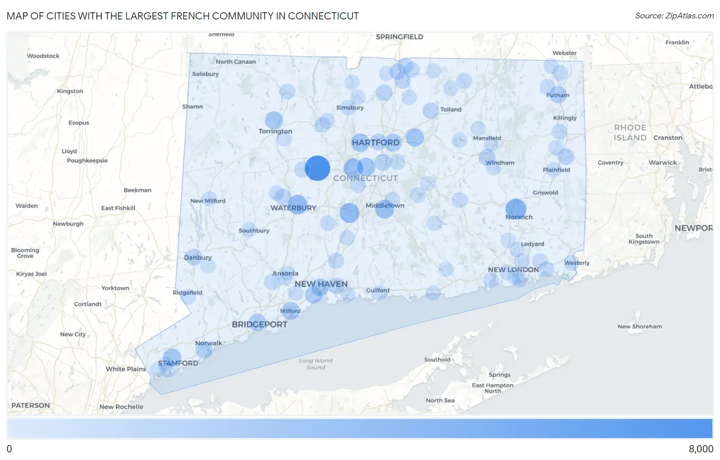 Cities with the Largest French Community in Connecticut Map