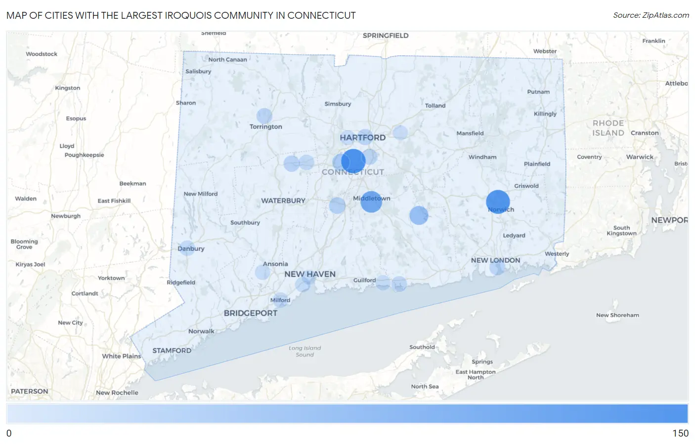 Cities with the Largest Iroquois Community in Connecticut Map