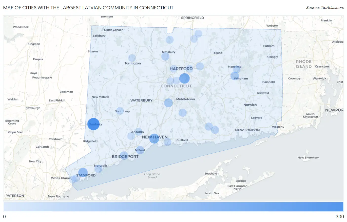 Cities with the Largest Latvian Community in Connecticut Map