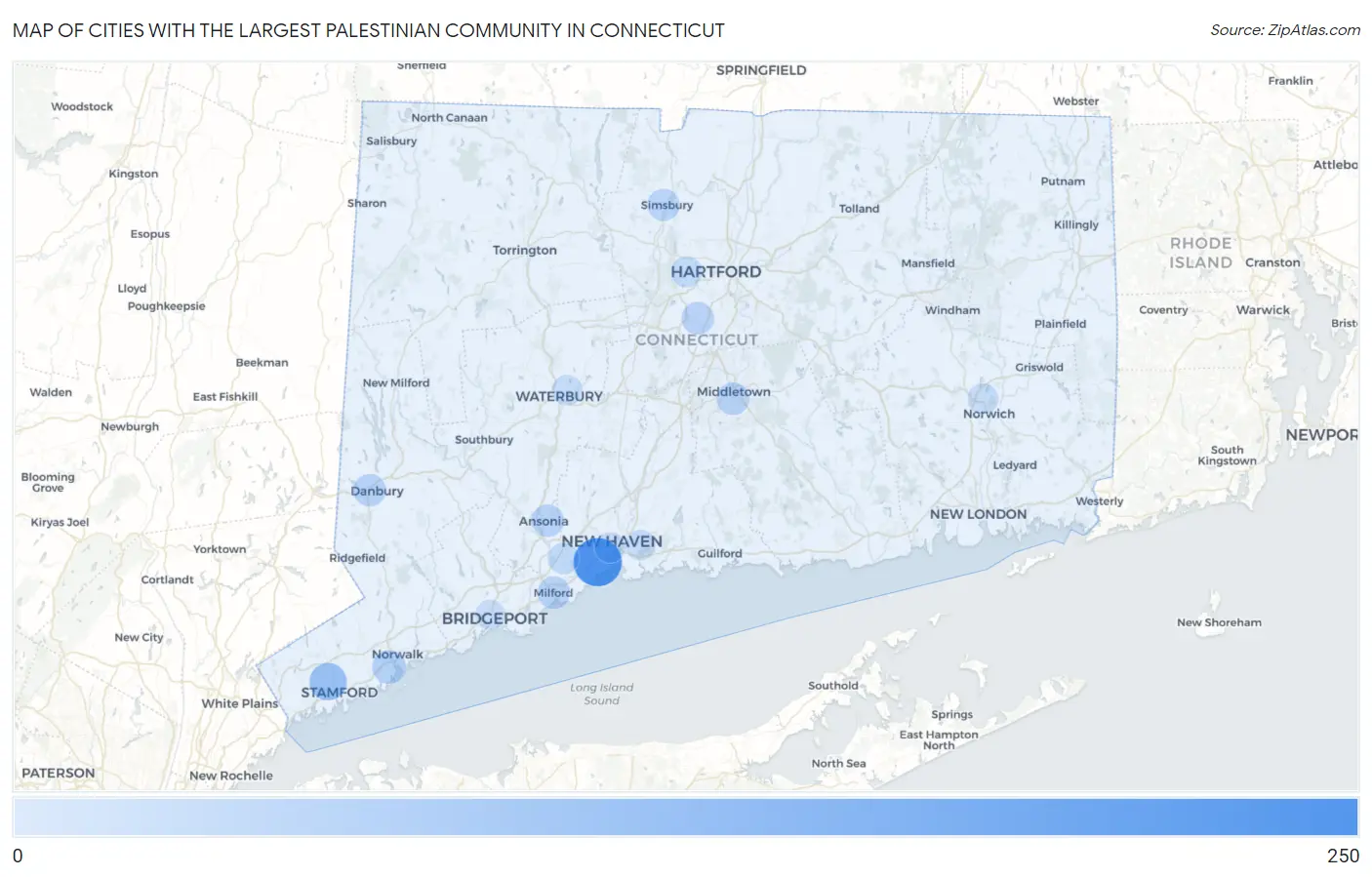 Cities with the Largest Palestinian Community in Connecticut Map