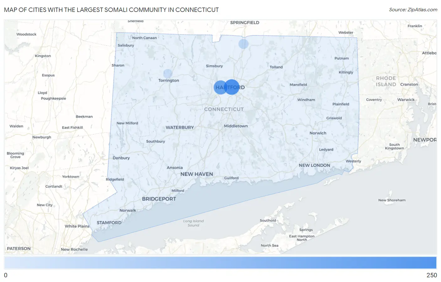 Cities with the Largest Somali Community in Connecticut Map