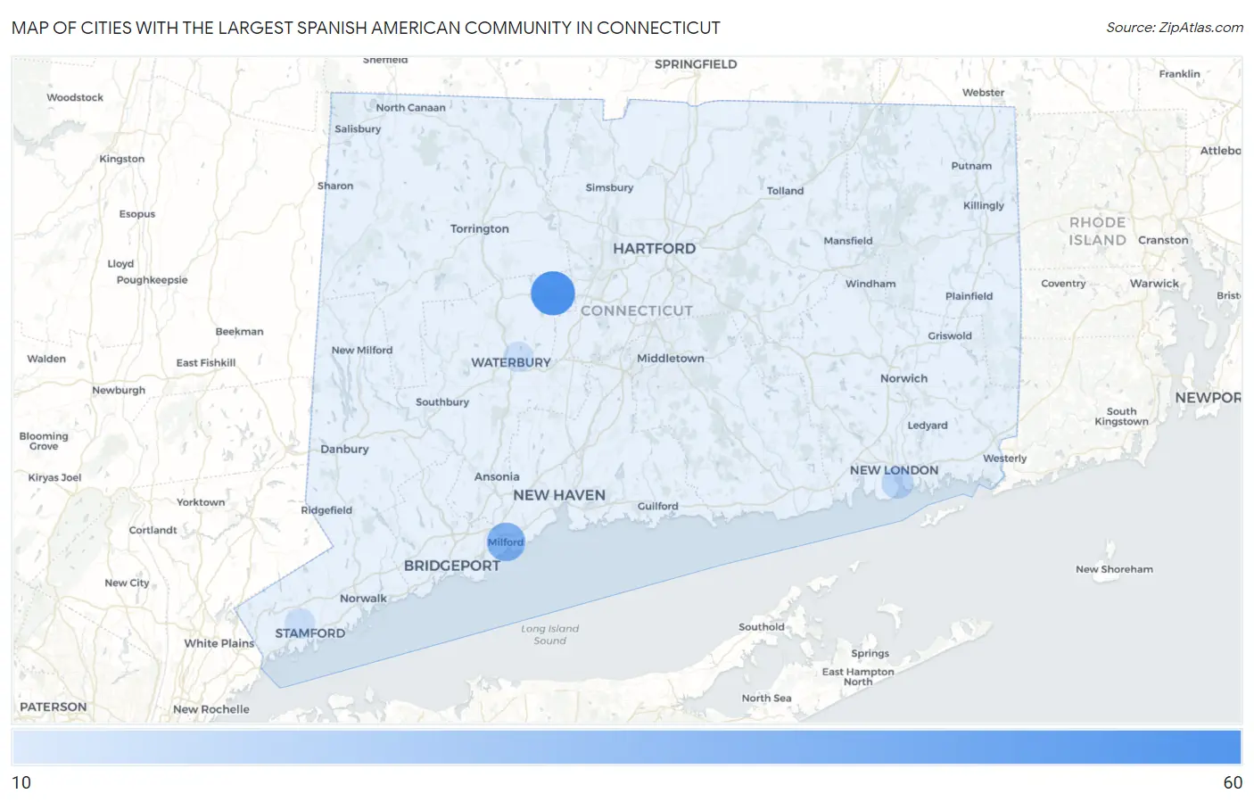 Cities with the Largest Spanish American Community in Connecticut Map