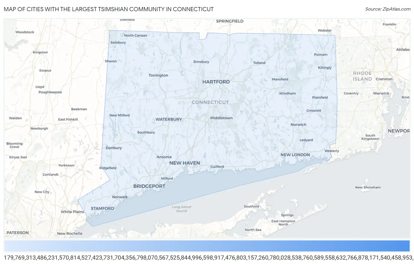 Cities with the Largest Tsimshian Community in Connecticut Map