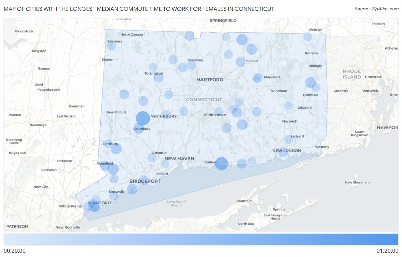 Cities with the Longest Median Commute Time to Work for Females in Connecticut Map
