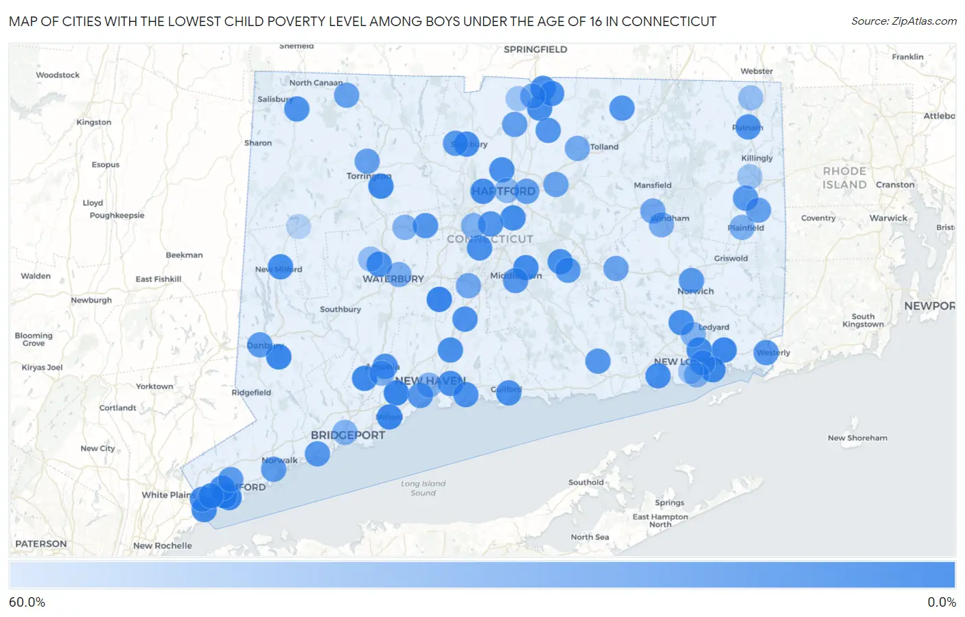 Cities with the Lowest Child Poverty Level Among Boys Under the Age of 16 in Connecticut Map