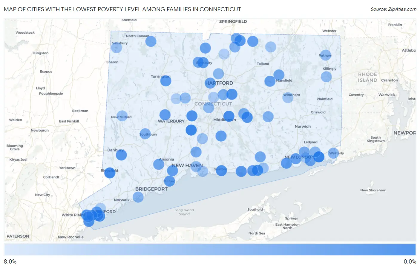 Cities with the Lowest Poverty Level Among Families in Connecticut Map