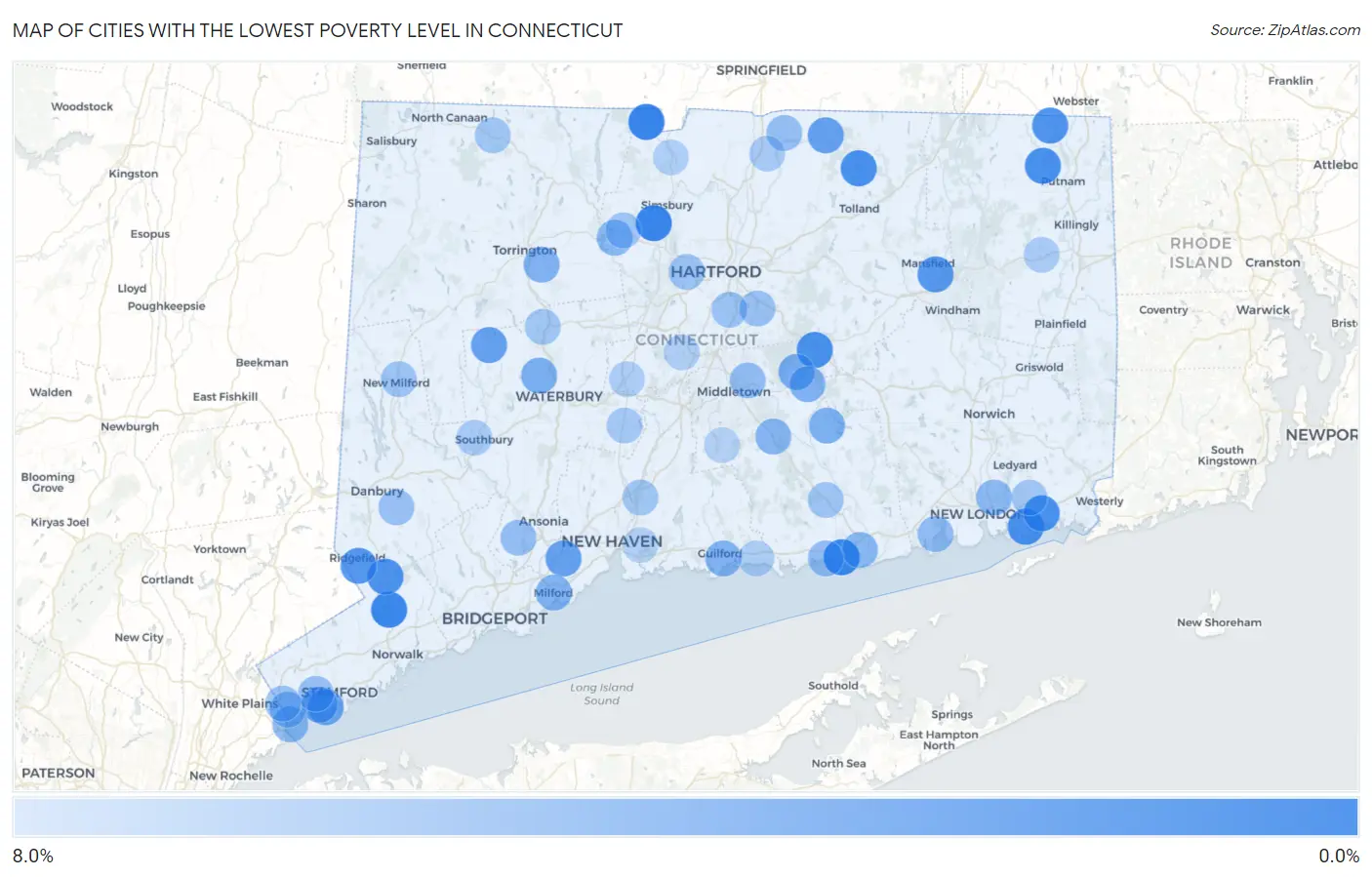 Cities with the Lowest Poverty Level in Connecticut Map