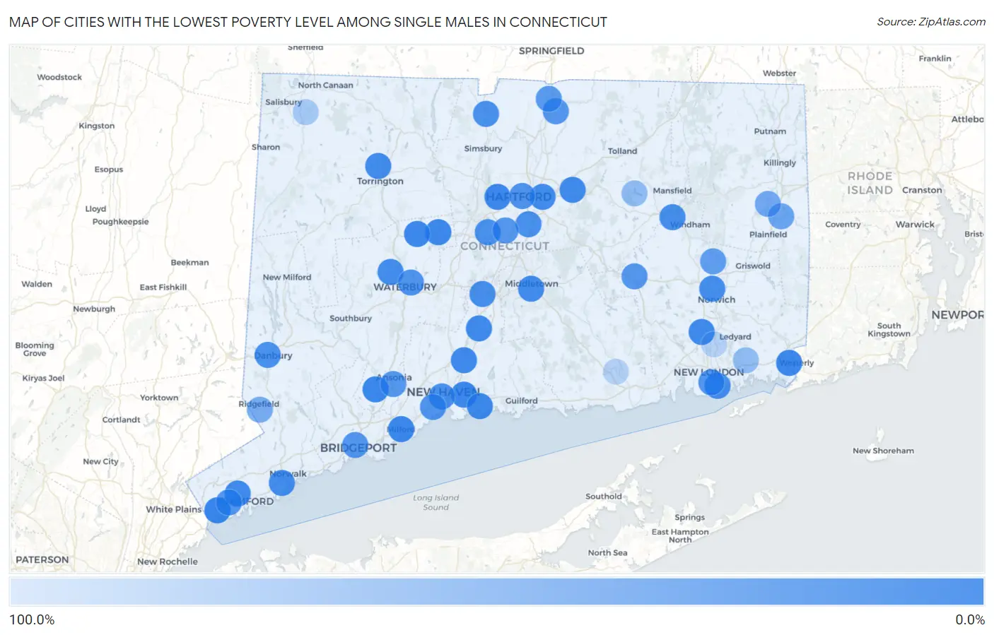Cities with the Lowest Poverty Level Among Single Males in Connecticut Map