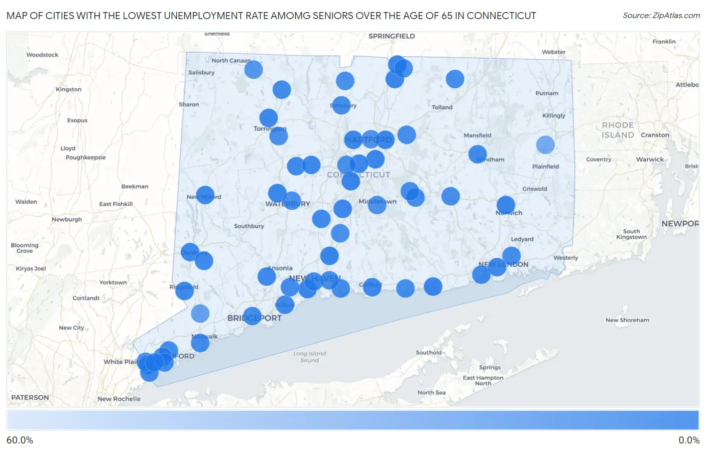 Cities with the Lowest Unemployment Rate Amomg Seniors Over the Age of 65 in Connecticut Map