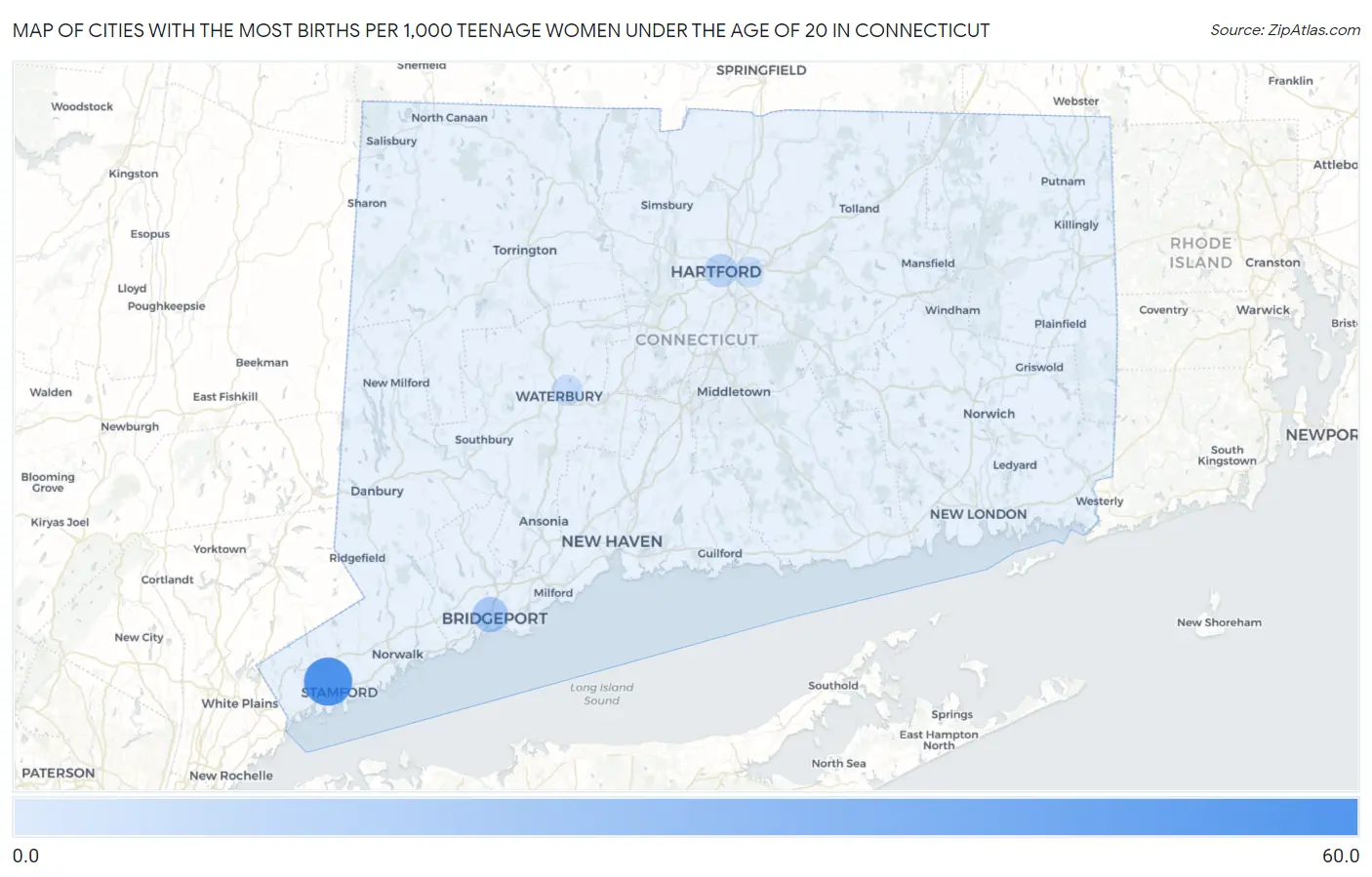 Cities with the Most Births per 1,000 Teenage Women Under the Age of 20 in Connecticut Map