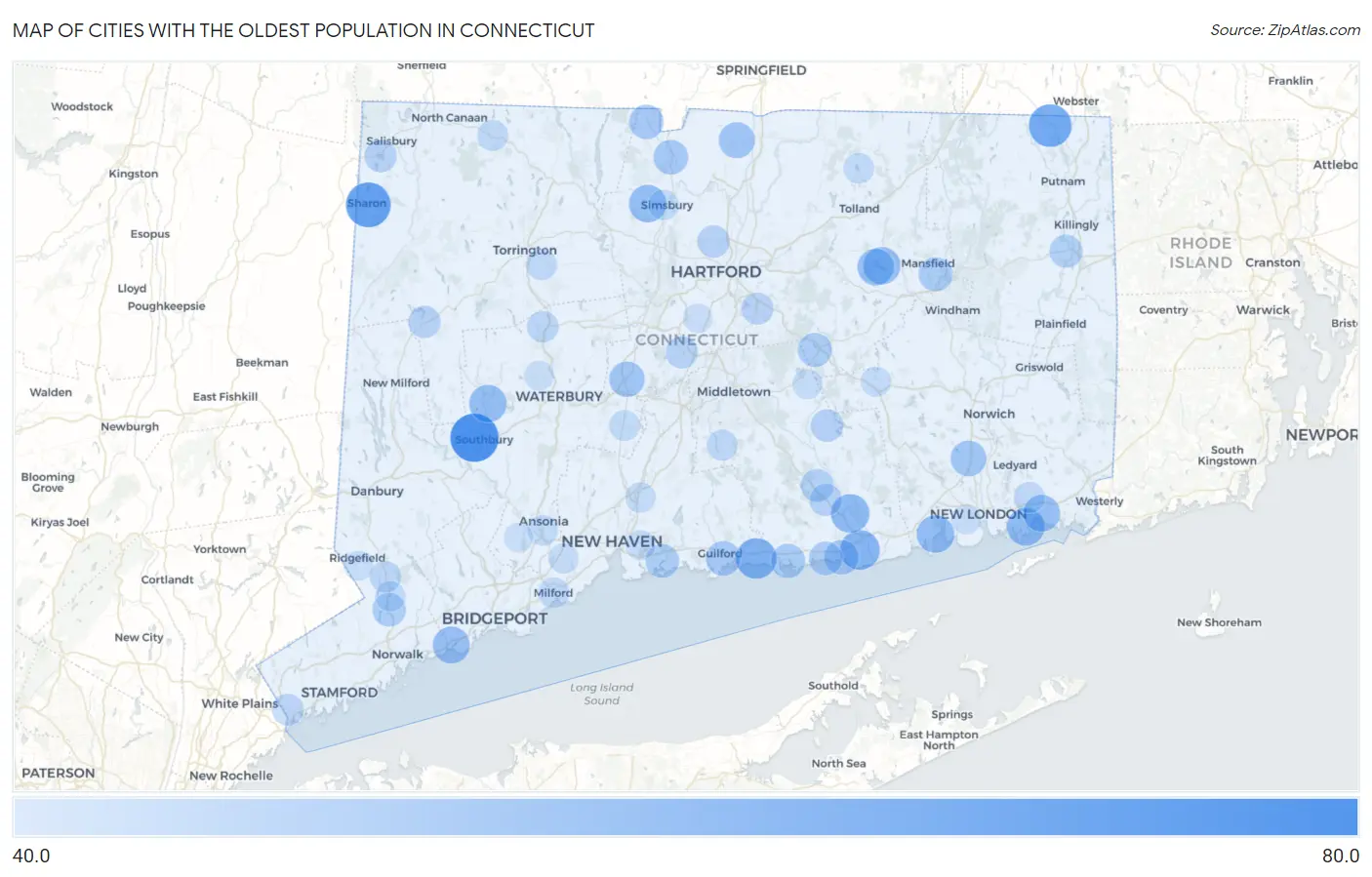 Cities with the Oldest Population in Connecticut Map