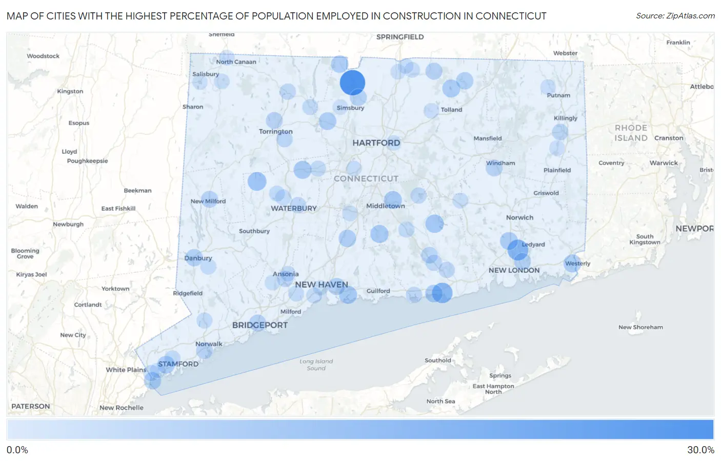 Cities with the Highest Percentage of Population Employed in Construction in Connecticut Map