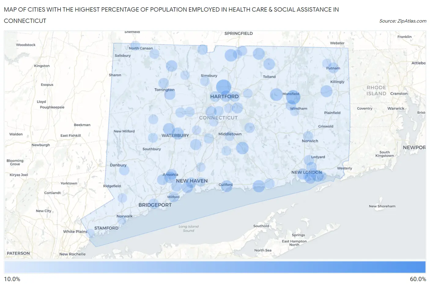 Cities with the Highest Percentage of Population Employed in Health Care & Social Assistance in Connecticut Map