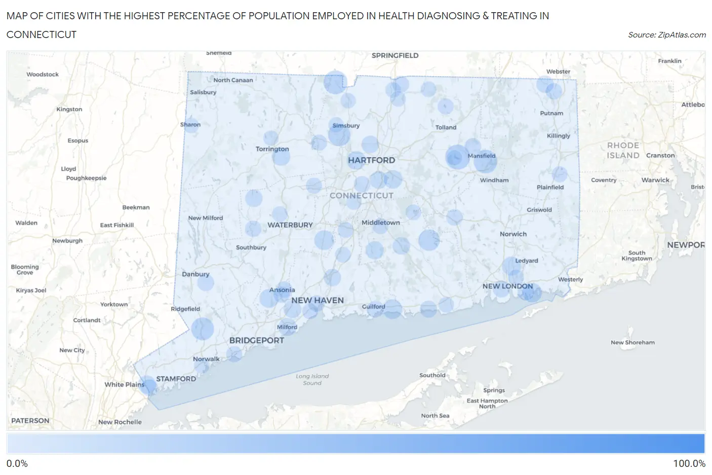 Cities with the Highest Percentage of Population Employed in Health Diagnosing & Treating in Connecticut Map