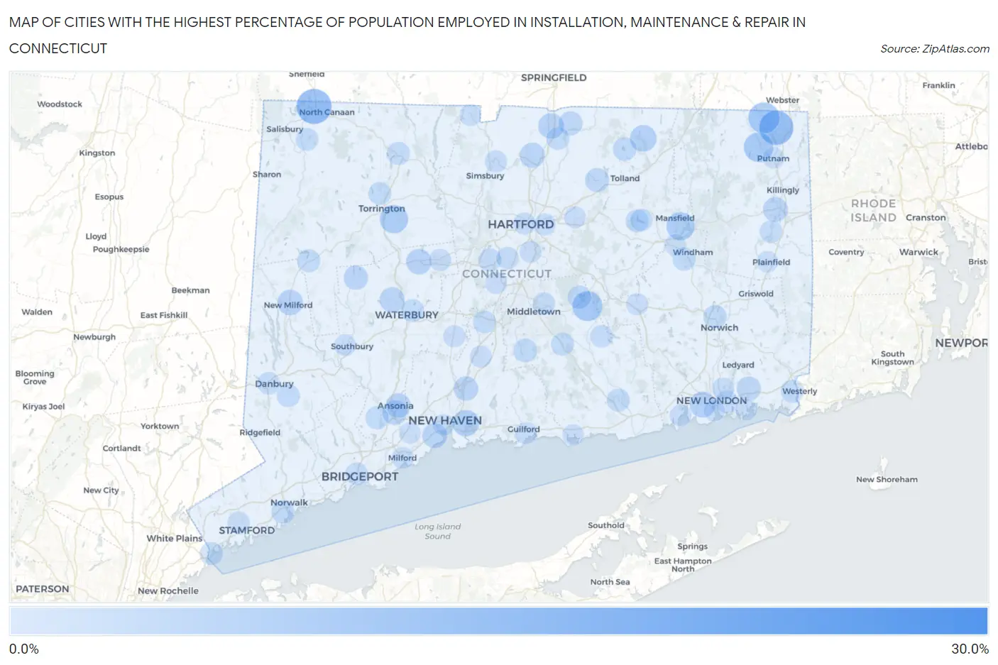Cities with the Highest Percentage of Population Employed in Installation, Maintenance & Repair in Connecticut Map