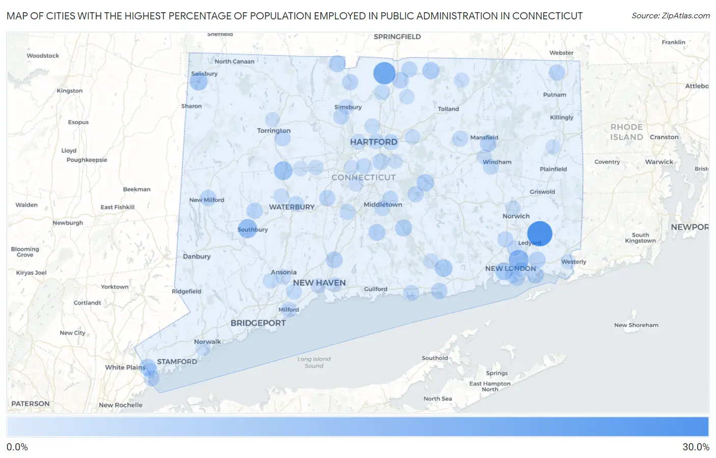 Cities with the Highest Percentage of Population Employed in Public Administration in Connecticut Map
