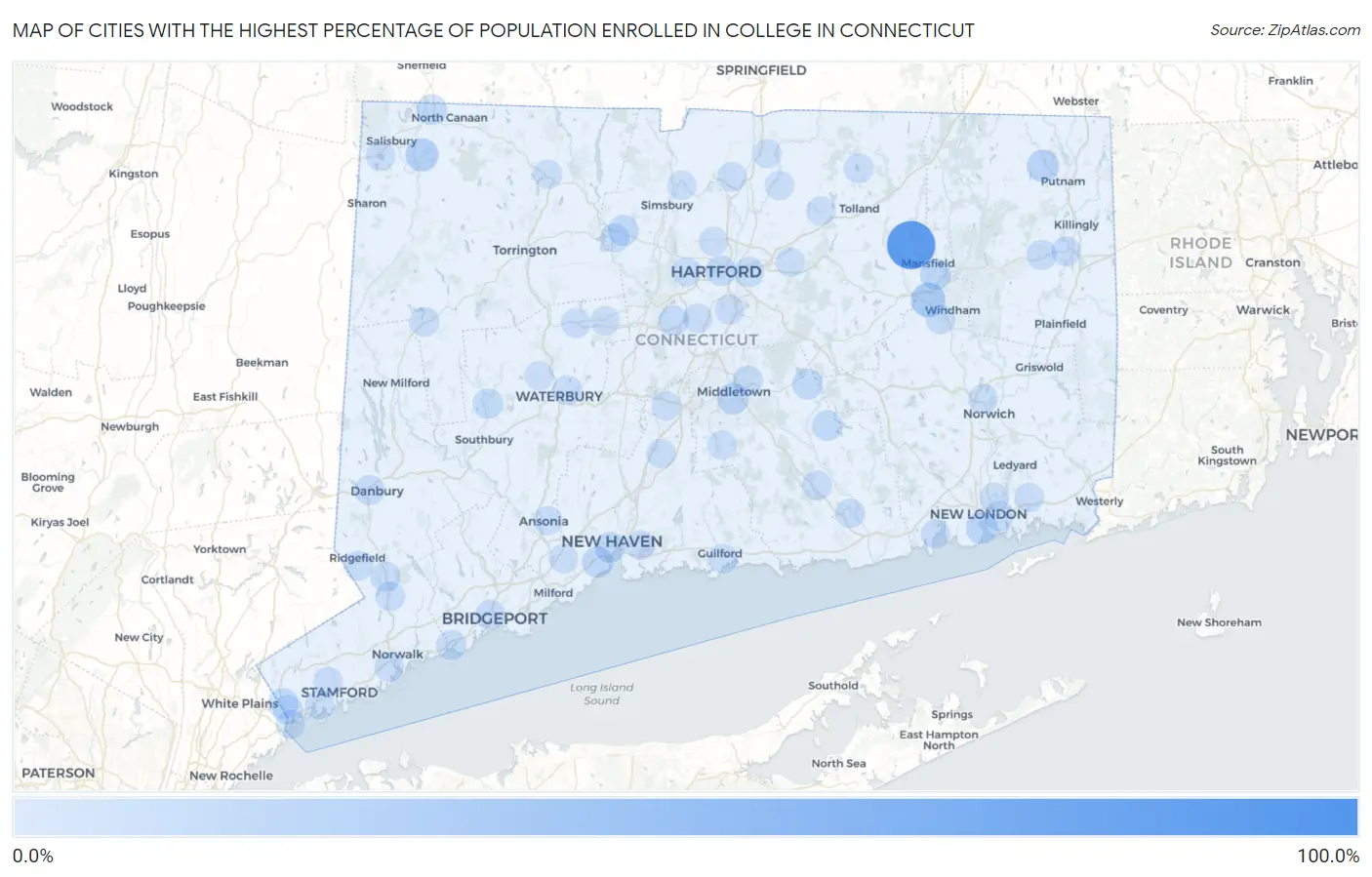 Cities with the Highest Percentage of Population Enrolled in College in Connecticut Map