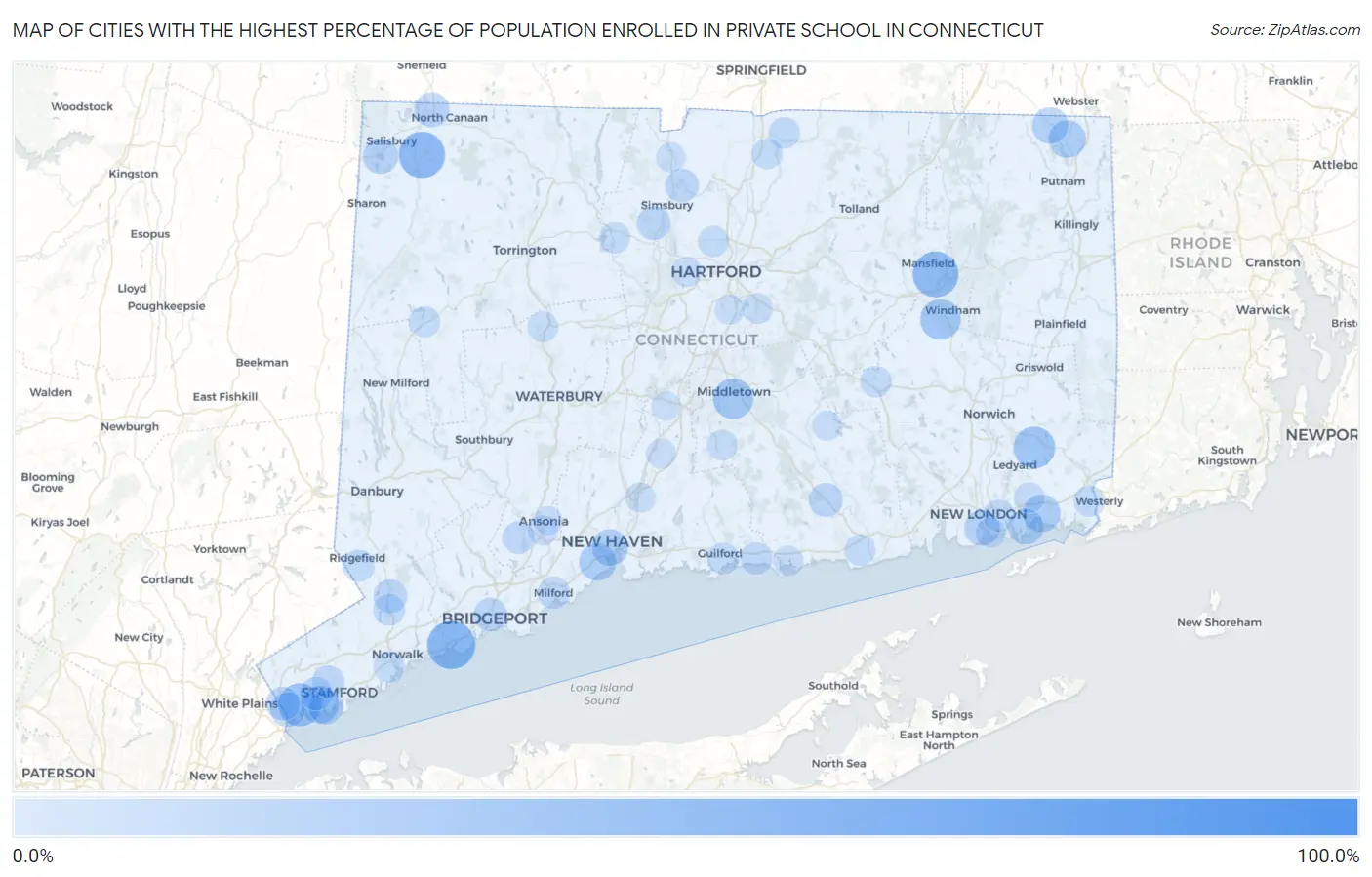 Cities with the Highest Percentage of Population Enrolled in Private School in Connecticut Map