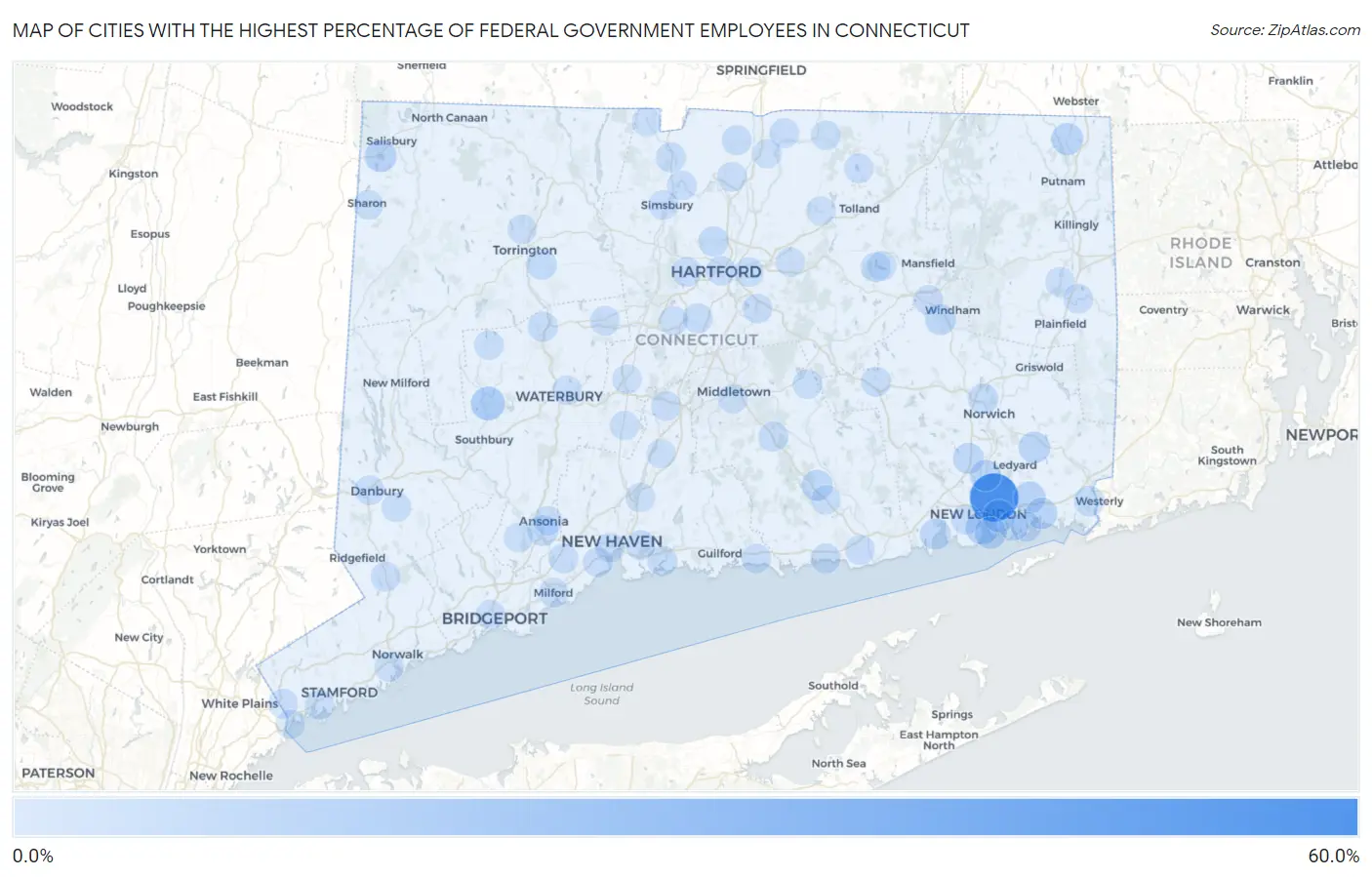 Cities with the Highest Percentage of Federal Government Employees in Connecticut Map