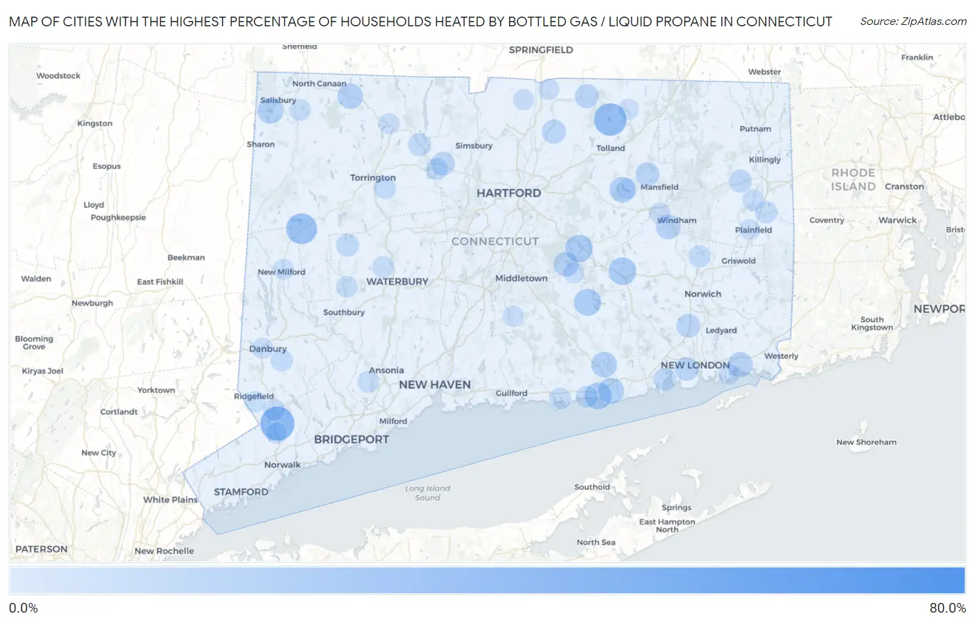 Cities with the Highest Percentage of Households Heated by Bottled Gas / Liquid Propane in Connecticut Map