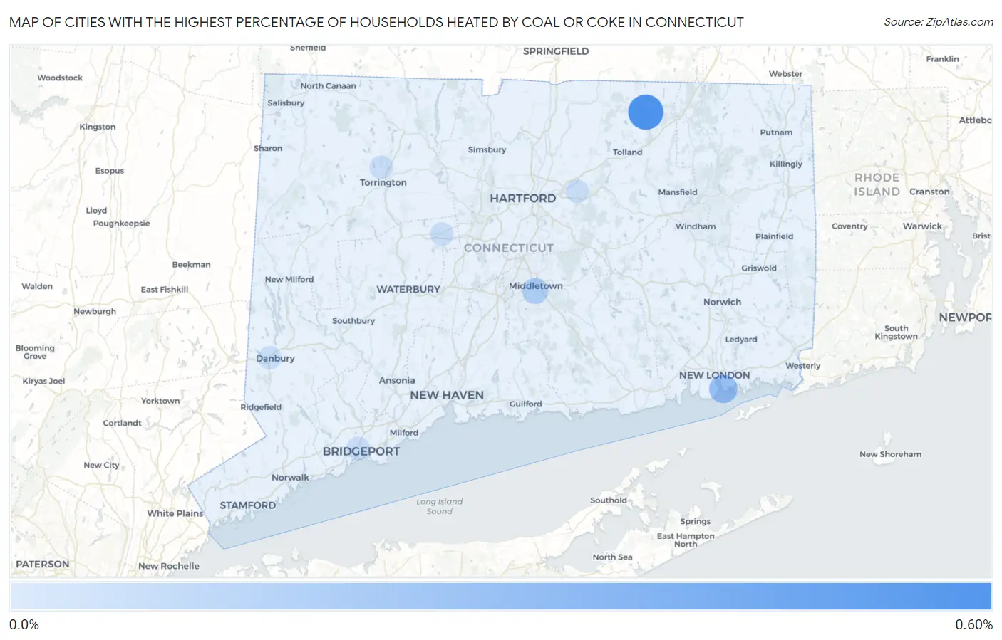 Cities with the Highest Percentage of Households Heated by Coal or Coke in Connecticut Map