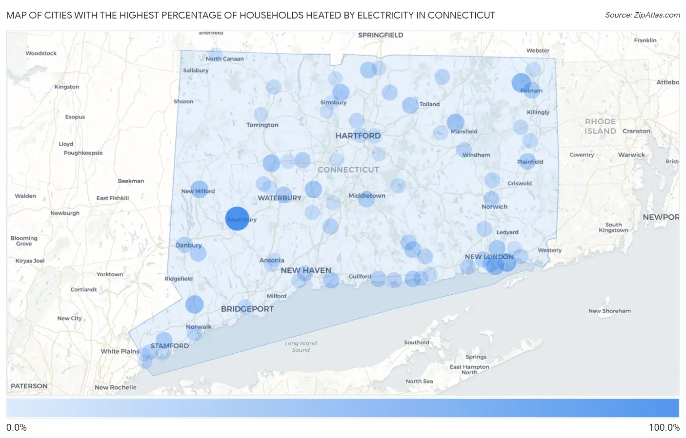 Cities with the Highest Percentage of Households Heated by Electricity in Connecticut Map