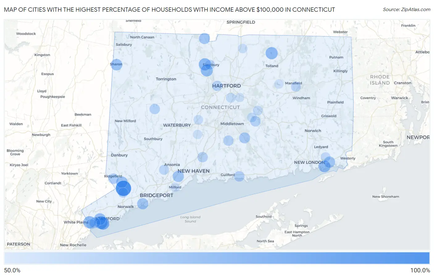 Cities with the Highest Percentage of Households with Income Above $100,000 in Connecticut Map