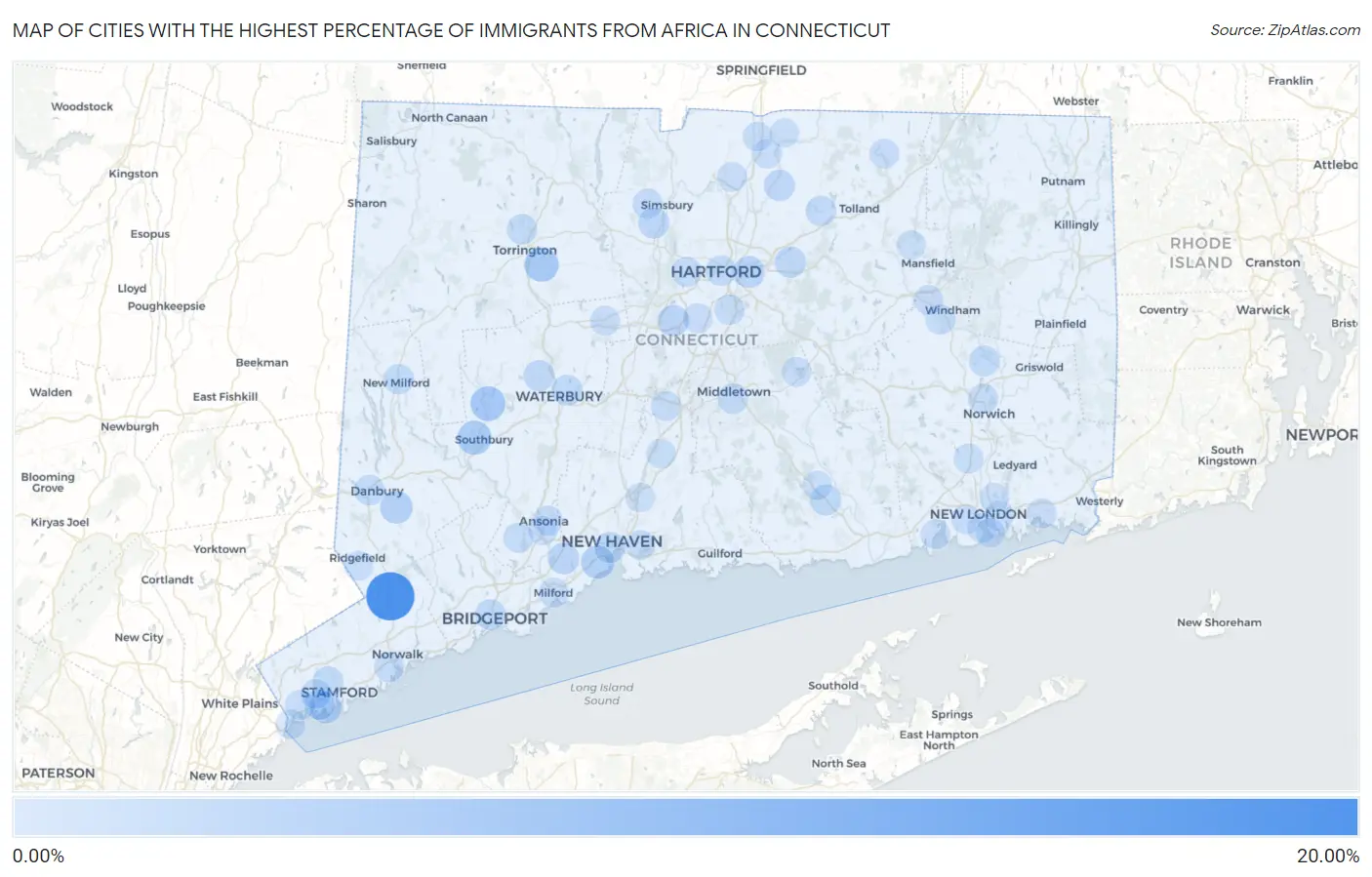 Cities with the Highest Percentage of Immigrants from Africa in Connecticut Map