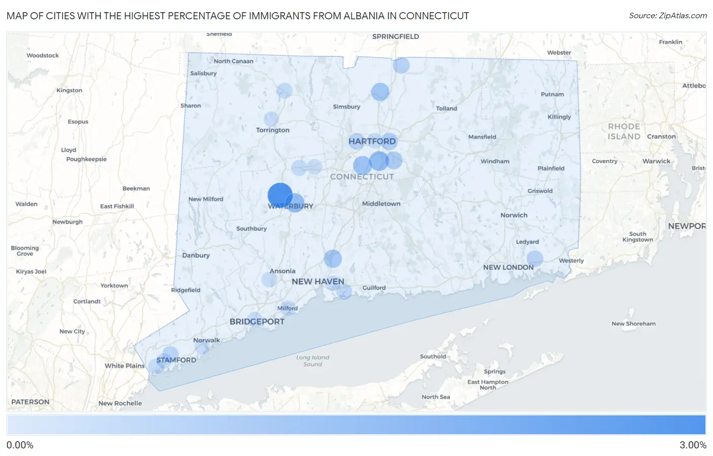 Cities with the Highest Percentage of Immigrants from Albania in Connecticut Map