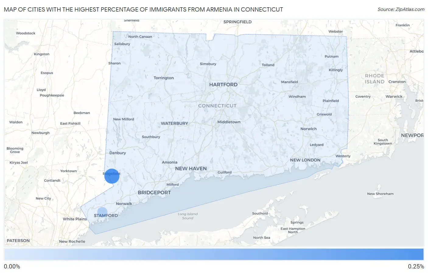 Cities with the Highest Percentage of Immigrants from Armenia in Connecticut Map
