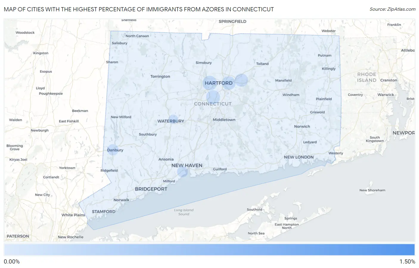 Cities with the Highest Percentage of Immigrants from Azores in Connecticut Map