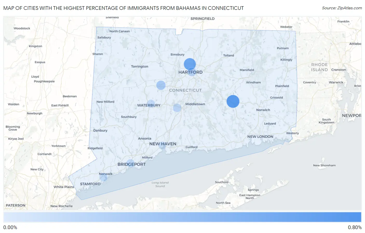 Cities with the Highest Percentage of Immigrants from Bahamas in Connecticut Map