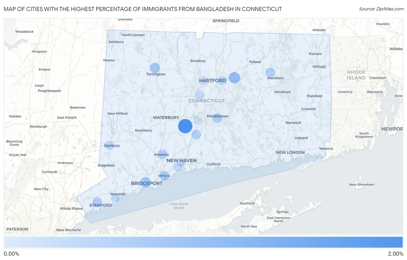 Cities with the Highest Percentage of Immigrants from Bangladesh in Connecticut Map