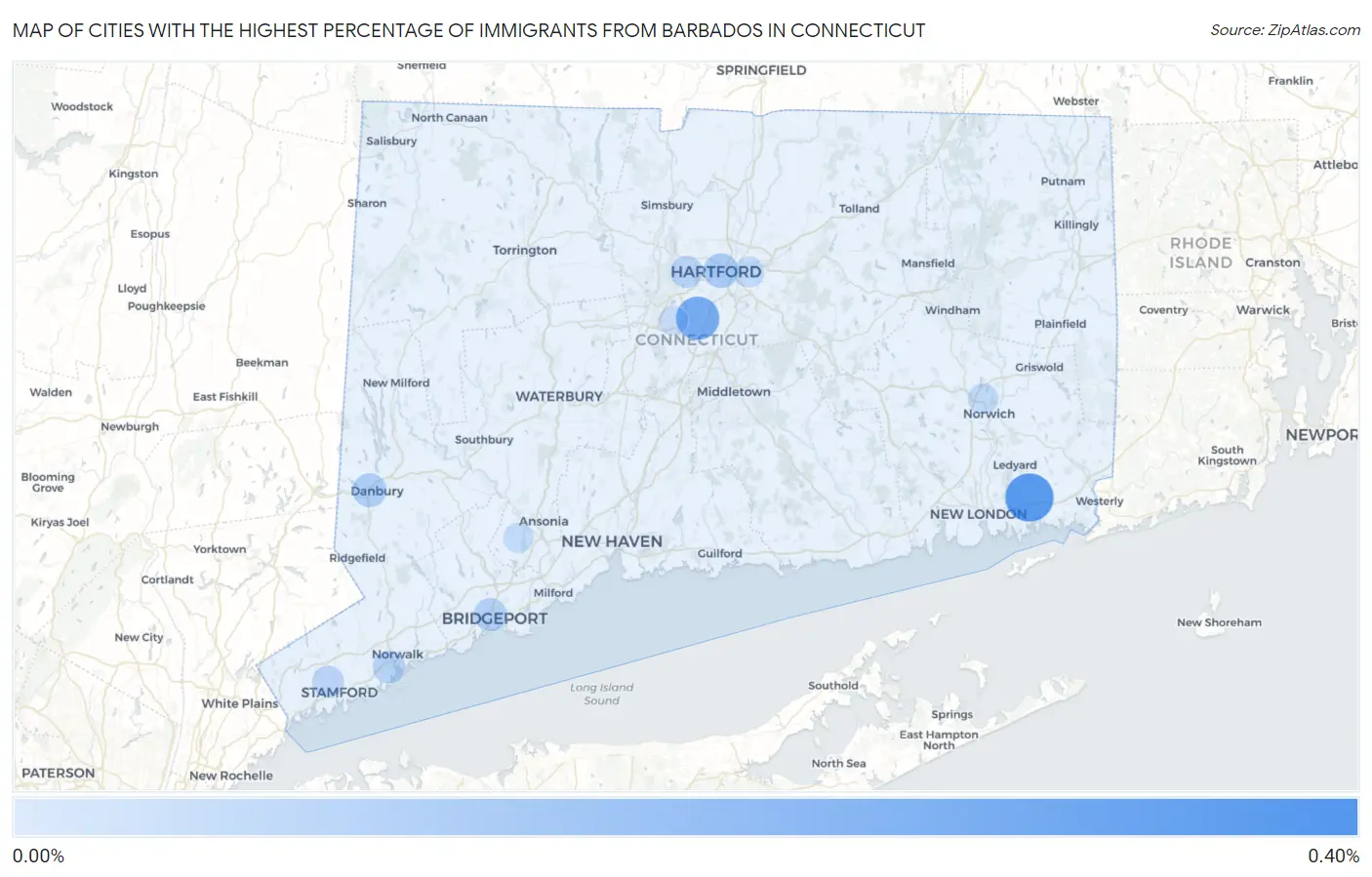 Cities with the Highest Percentage of Immigrants from Barbados in Connecticut Map
