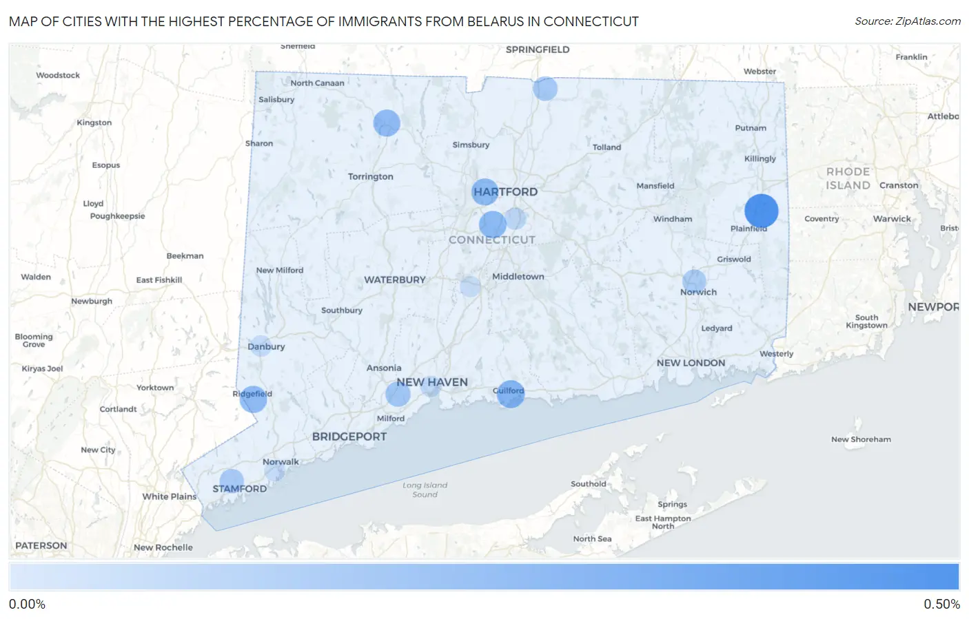 Cities with the Highest Percentage of Immigrants from Belarus in Connecticut Map