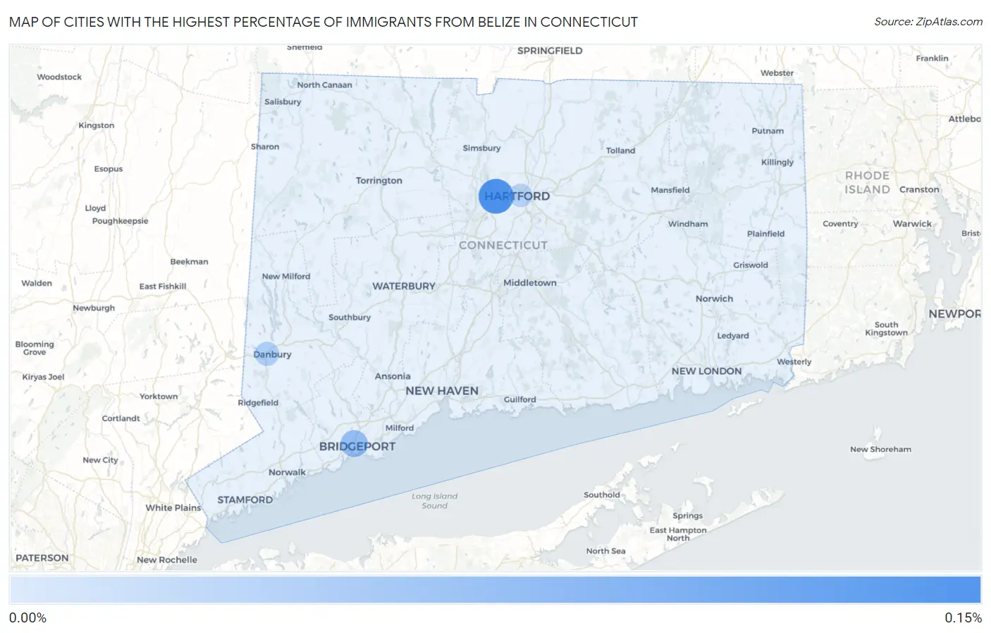 Cities with the Highest Percentage of Immigrants from Belize in Connecticut Map