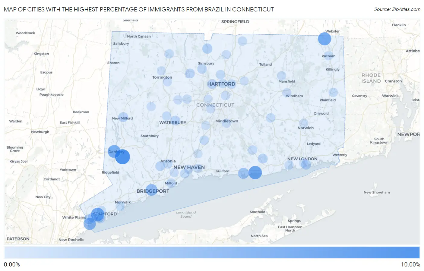 Cities with the Highest Percentage of Immigrants from Brazil in Connecticut Map