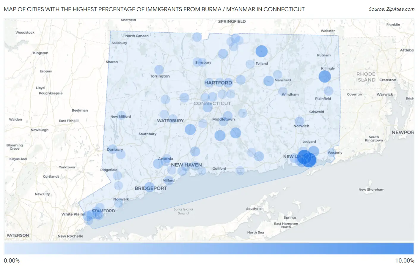 Cities with the Highest Percentage of Immigrants from Burma / Myanmar in Connecticut Map