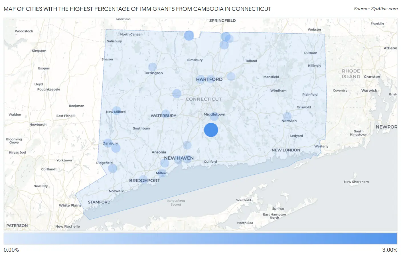Cities with the Highest Percentage of Immigrants from Cambodia in Connecticut Map