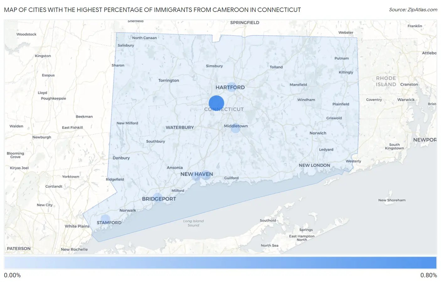 Cities with the Highest Percentage of Immigrants from Cameroon in Connecticut Map
