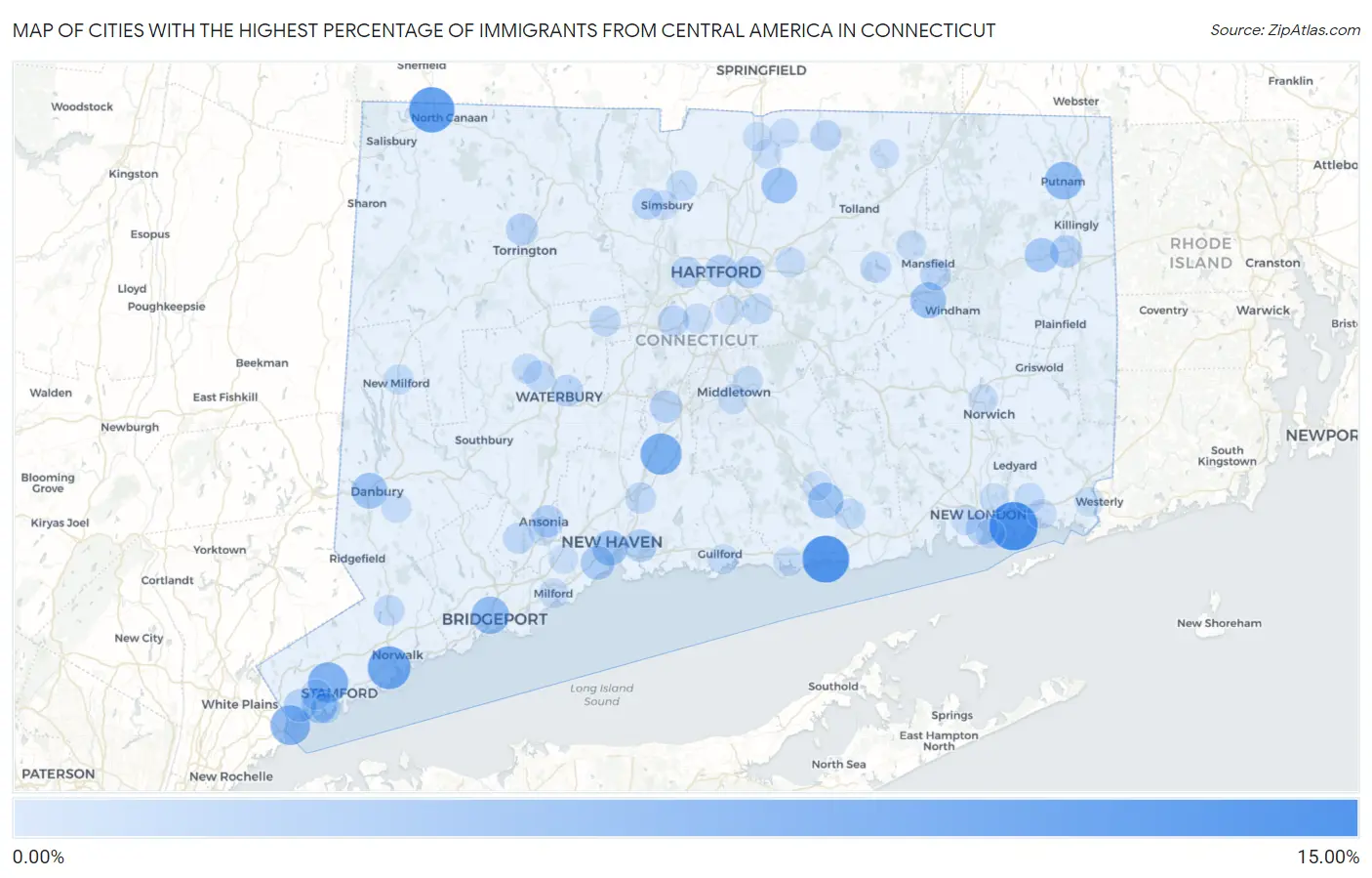 Cities with the Highest Percentage of Immigrants from Central America in Connecticut Map