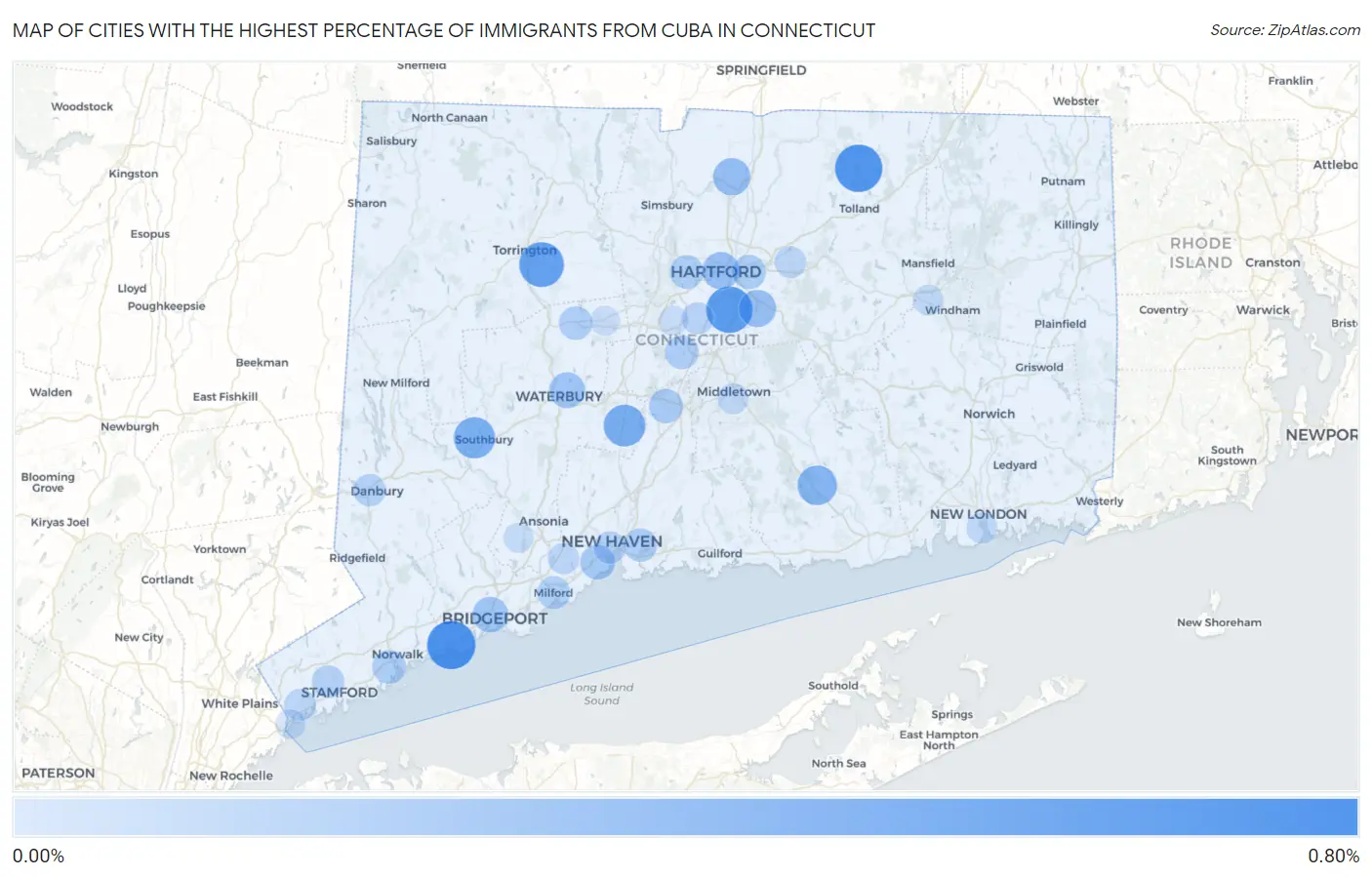 Cities with the Highest Percentage of Immigrants from Cuba in Connecticut Map