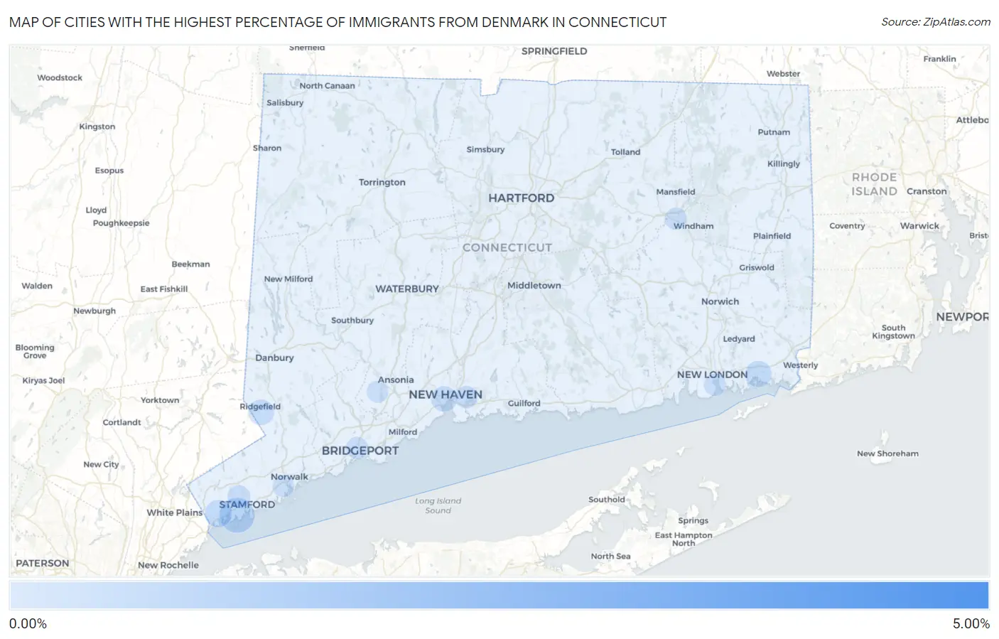 Cities with the Highest Percentage of Immigrants from Denmark in Connecticut Map