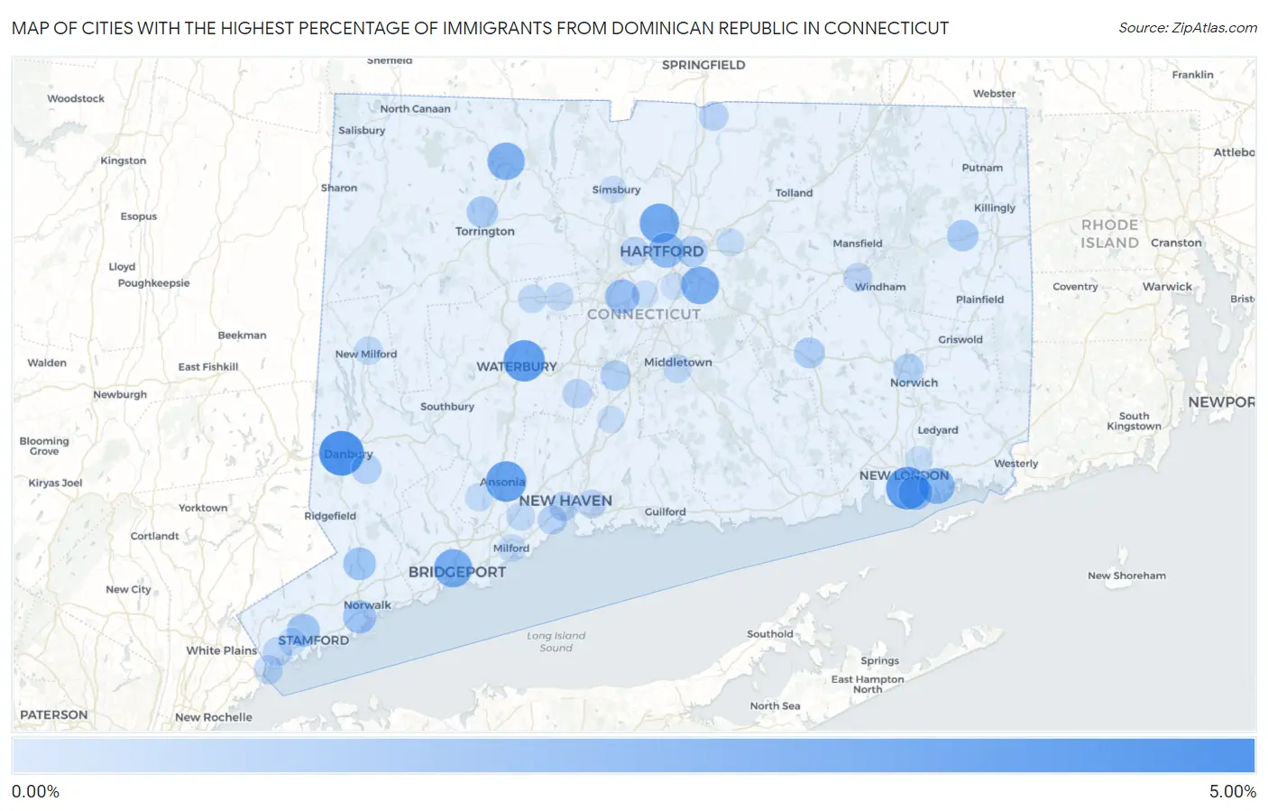Cities with the Highest Percentage of Immigrants from Dominican Republic in Connecticut Map